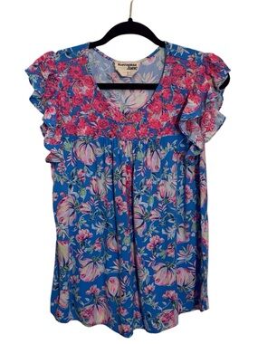 Savanna Jane Size Small Blue Pink Floral Embroidered Top Boho Western Rayon